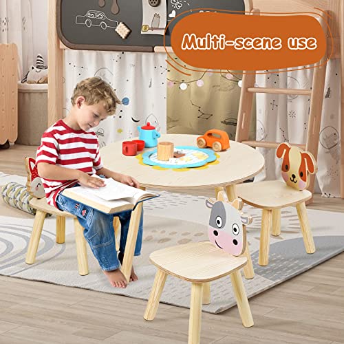 Xylolin Wooden Kids Table And Chairs Set, 4 Pieces Play Table With Animal Themed Chairs For Toddlers Drawing Reading Arts Crafts Snack Time, Boys Girls Playroom School Home Daycare #TOP1