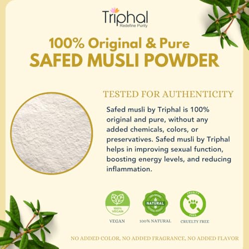 Image of TRIPHAL Natural & Pure Safed Musli Powder (100g) | Organic Ayurvedic Herb For Vitality, Stamina & Performance Organic Produce | Preservative Free