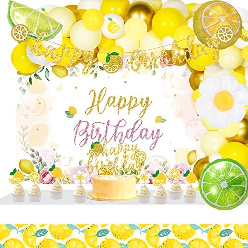 111 PCs Lemon Party Decorations, Fiesec Lemonade Citrus Themed Birthday Party Decorations Backdrop Balloon Garland Glitter Banner Tablecloth Cake Cupcake Topper Lime Gold Yellow