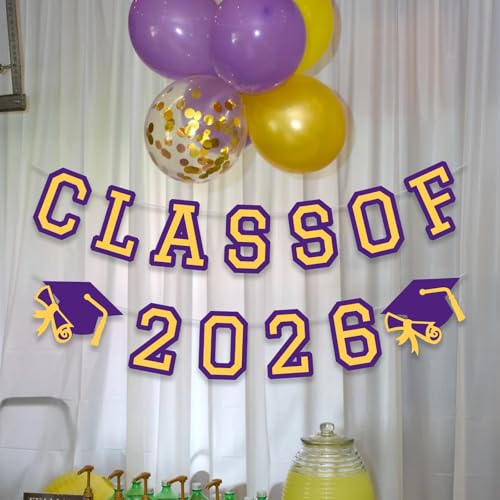 Image of Class of 2026 Graduation Banner University College Grad Garlands Decoration Party Supplies High School Colors Purple Yellow
