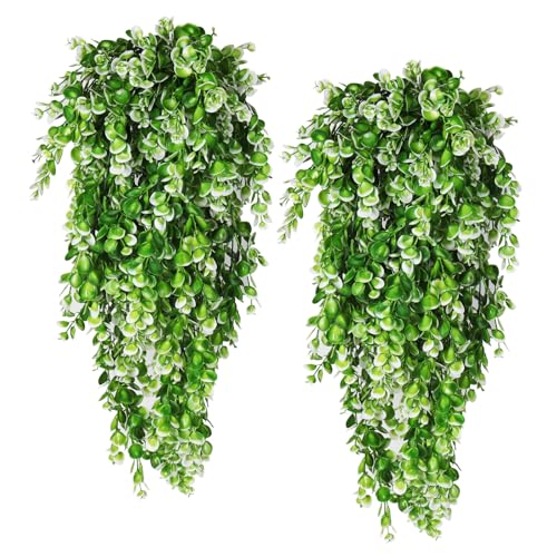 RECUTMS Artificial Hanging Plants 4Pcs Faux Eucalyptus Leaves Fake Plant Indoor Outdoor Home Decor Faux Greenery for House Room Garden Wall Patio Office Shelf Eucalyptus Decoration（White）