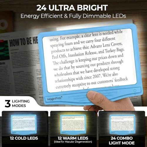 Image of MAGNIPROS 5X Rechargeable LED Page Magnifier with Foldable Stand, Hands-Free Lighted Magnifier with 3 Color Modes, Anti-Glare Lens for Reading Small Print, Low Vision, Seniors, Crafts