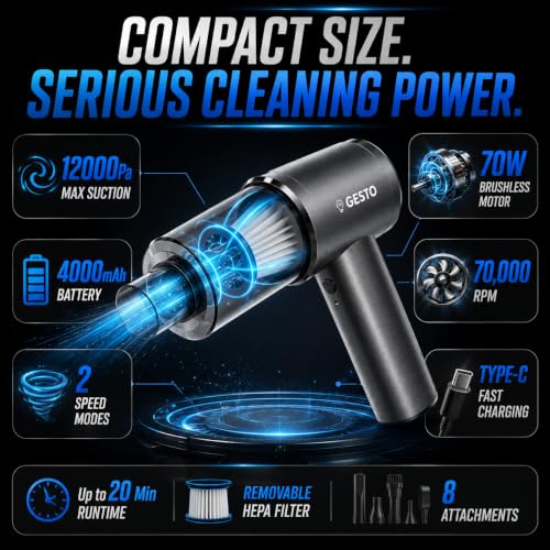Image of Gesto Car Vacuum Cleaner, 4-in-1 Cordless Handheld Vacuum Cleaner & Air Blower, 12000Pa Portable Mini Vacuum Cleaner for Car, Sofa & Home, 70W Brushless Motor, 4000mAh Battery - 1 Year Warranty