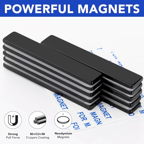 Image of MIKEDE Magnets, 9 Pack Strong Neodymium Bar Magnets with Adhesive Backing, Rare Earth Fridge Magnet Heavy Duty, Metal Powerful Black Magnet for Craft, Whiteboard, Garage, Kitchen - 60x10x3 mm