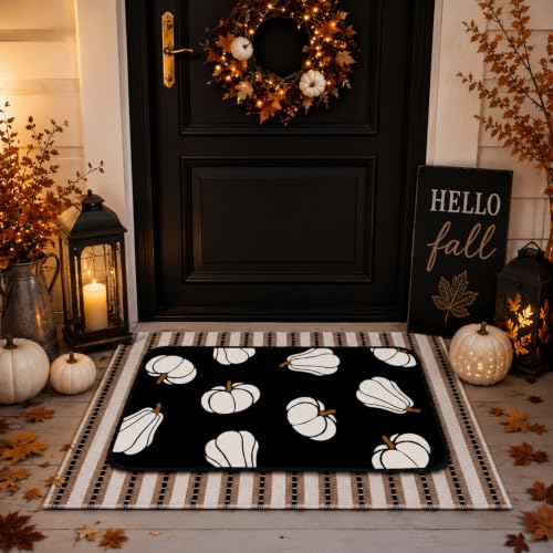 Tinideya 2 Pcs Halloween Layered Doormat Set, Neutral Pumpkin Outdoor Front Door Mat with Striped Layering Rug, Non Slip Fall Halloween Porch Entryway Outside Decor