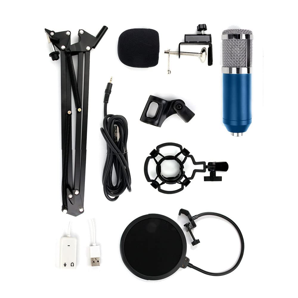 Kondensatormikrofon-Kit BM-800 Mikrofon-Set mit verstellbarem Mikrofon-Aufhängung, Scherenarm, Metall-Stoßhalterung und doppellagigem Pop-Filter für Studioaufnahmen, Rundfunk (Blau + Silber)