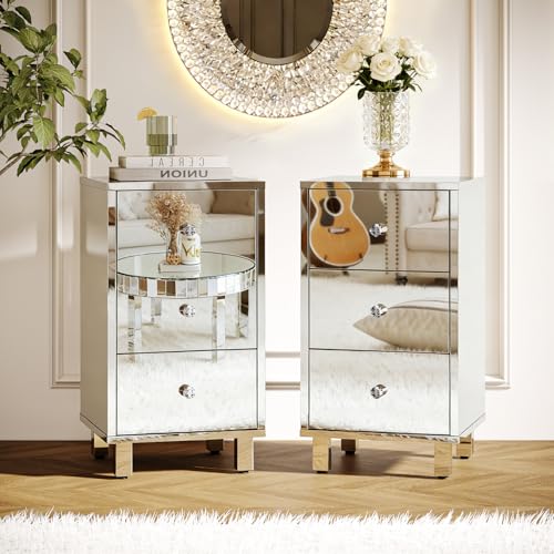 Bonnlo Mirror-Look Nightstands Set of 2, Silver Nightstand with 3 Drawers, Night Stand for Bedroom, Faux Mirrored Nightstand, 11.8" W*11.8" D*23.5" H