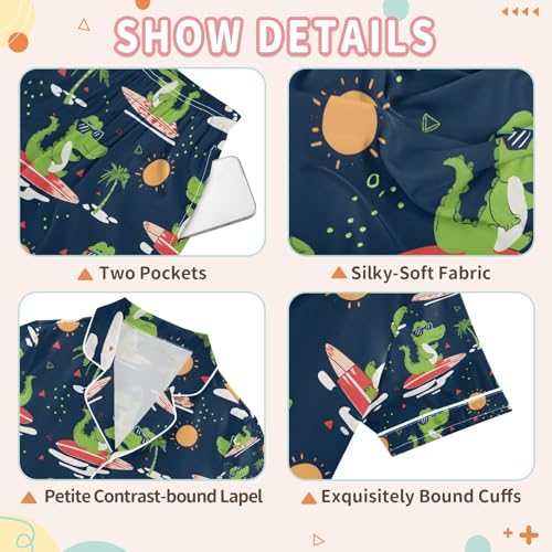 senya Green Crocodile Surfing Tropical Satin Summer Pajama Sets Silk Short Sleeve Button Down Sleepwear3