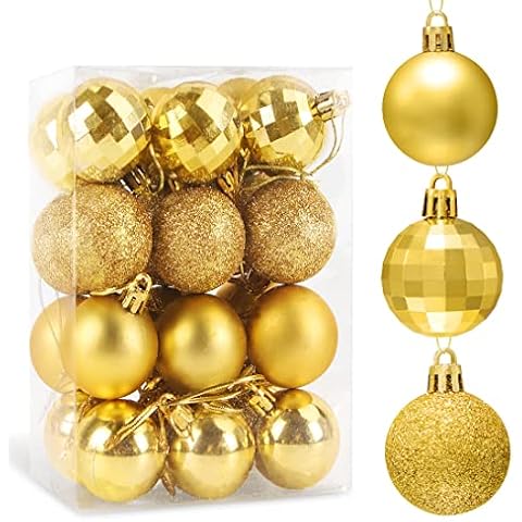 Gold Christmas Baubles, Christmas Tree Decoration Ornaments, 24pcs Christmas Balls for Tree Hanging Decorations - Shiny, Matte & Glitter Decorated Baubles, 4cm Cover