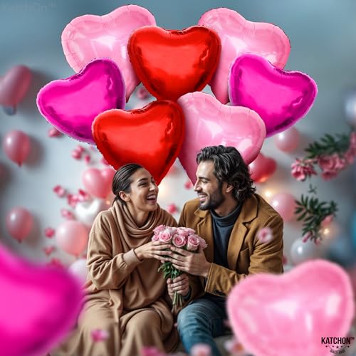 KatchOn, Heart Shaped Foil Balloons - Pack of 12 | Hot Pink, Red and Fluorescent Pink Heart Shaped B