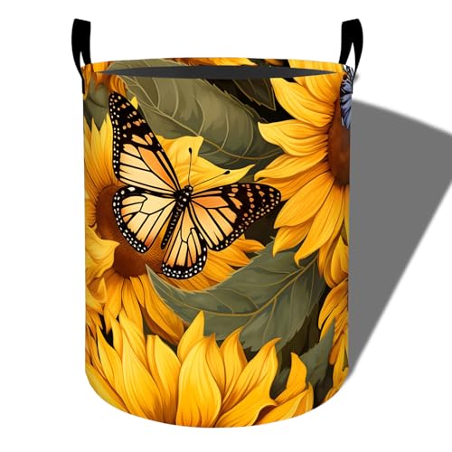 Image of Sunflower Colorful Butterfly Laundry Basket, Foldable Oxford Cloth, Waterproof Dirty Clothes Hamper with Handles, Clothing Storage Bucket Toy Organizer for Bathroom Bedroom Dorm, 19.7 inchx15.7 inch