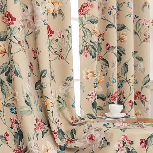 Image of 80% Blackout Curtains for Bedroom, Vintage Floral Window Drapes 72 Inch Length for Living Room, Thermal Insulated Grommet Curtains, 2 Panels