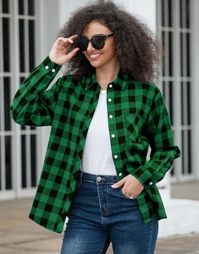 Image of SANGTREE Women and Girls Long Sleeve Flannel Casual Button Down Plaid Shirt