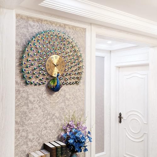 Image of Peacock European Style Luxury Living Room Analog Clock 3D Diamonds Non-Ticking Silent Creative Personality Metal Large Crystal Quartz Art Wall Decorative Clock (Blue Peacock Clock)