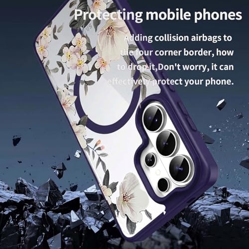 Image of VONZEE Compatible with Samsung Galaxy S26 Ultra 5G Case Luxury Retro Flowers Floral Clear for Magnetic Wireless Charging Case Shockproof PC+TPU Cute Glossy Shiny Cover for Girls Women, Deep Purple