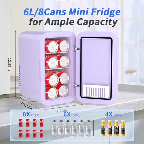 YASHE Mini Fridge, 6 Liter/8 Can 110V AC/DC Portable Thermoelectric Cooler Refrigerators for Bedroom, Skincare, Beverage, Office, Dorm Room and Car, Purple