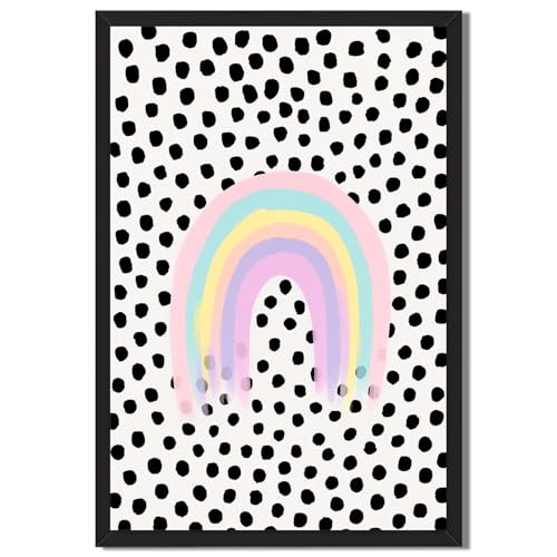 Framed Rainbow and Dots Poster Canvas Print Art, Funky Painting