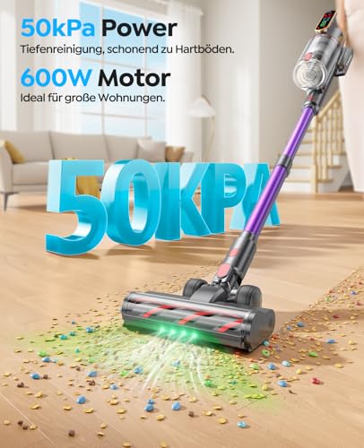 Fieety Akku Staubsauger 600W/50kPa/65Min, Staubsauger Kabellos mit Tierpflegebürste, 1M Schlauch, Wandladestation, 8-Schicht-Filtration Aromatherapie Ultraleise für Tierhaare, Teppich, Hartböden, Auto