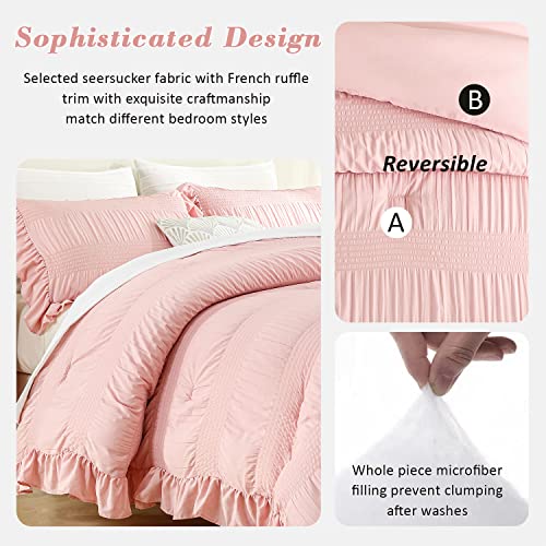 Aleissel Blush Pink Comforter Queen Size Seersucker Design With Ruffled Edges, Ultra-Soft Blush Pink Bedding Set Queen Size 3 Piece Set, Down Alternative Comforter Set(Blush Pink,90"X90") #TOP2