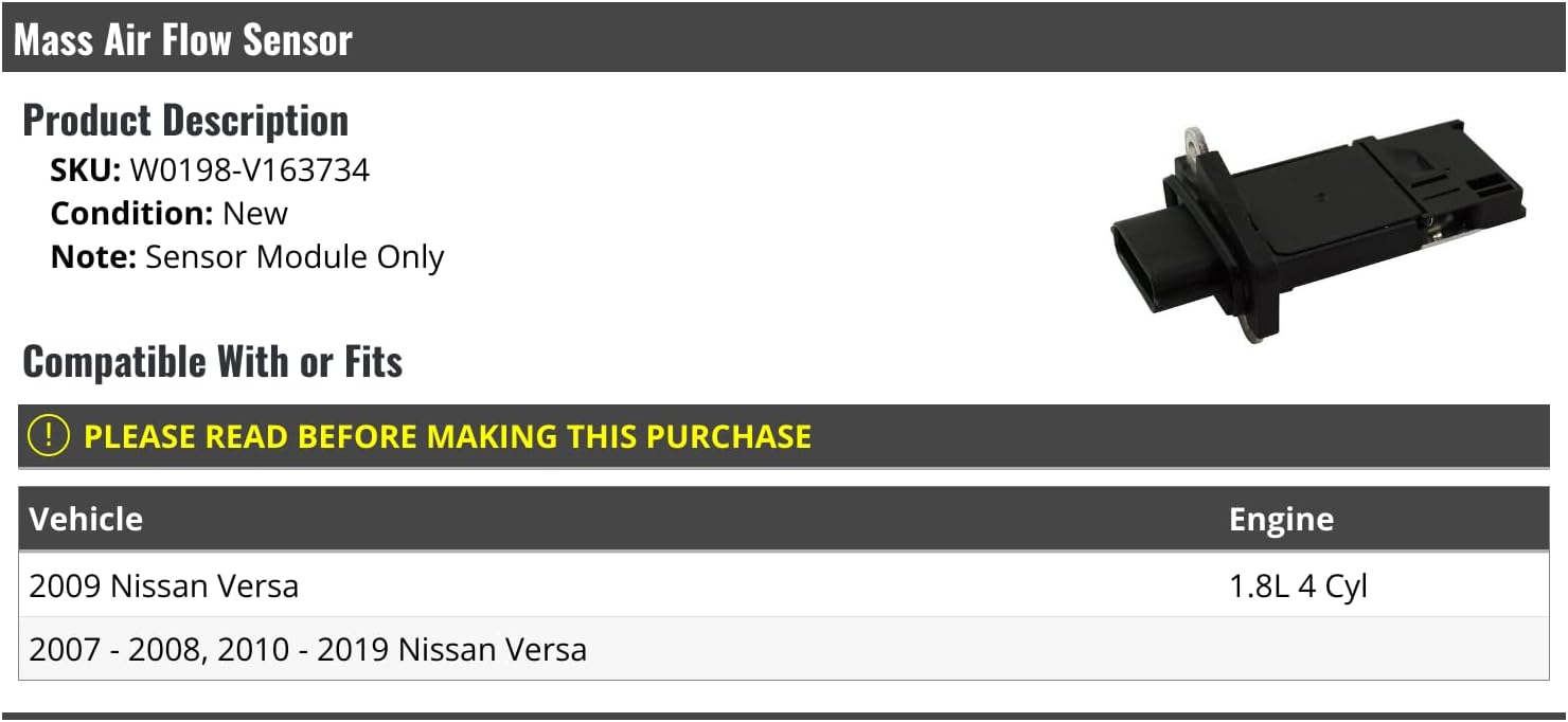 Mass Air Flow Sensor - Compatible with 2007-2019 Nissan Versa 1.8L 4-Cylinder