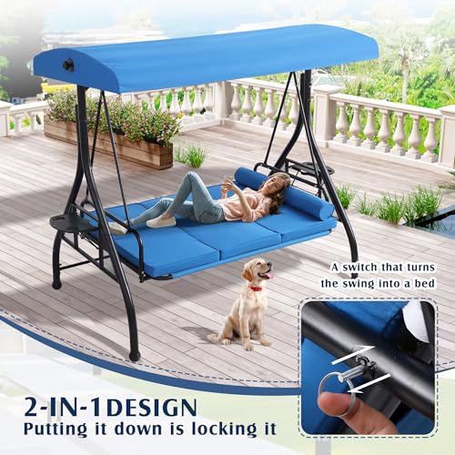 Image of Grepatio Outdoor Porch Swing with Canopy and Stand, 3 Person Patio Swing for Adults, Convertible 2 in 1 Porch Bed Swing with Cup Holder, 3 Seat Swings with 2 Pillow Cushions for Garden, Yard (Blue)
