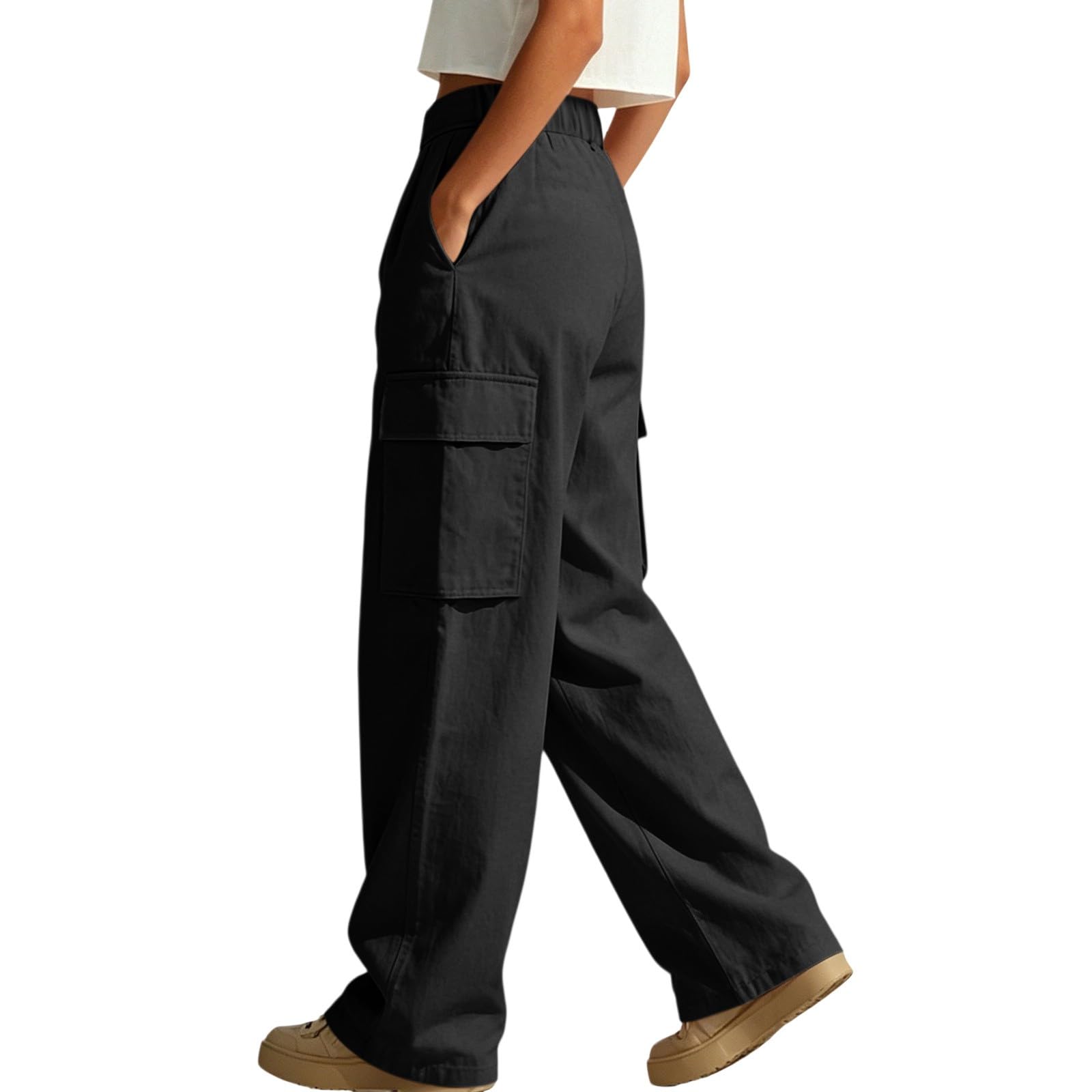 Pantalones de senderismo para mujer, cintura alta, holgados, multibolsillos