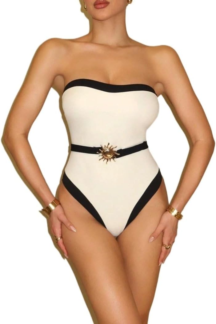 Womens Backless Full Cup High Cut Colorblock Monokini Swimsuit Elegant Summer Beachwear for Vacations