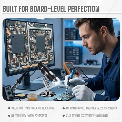 Image of iBELL IBL-ML1000X USB Digital Inspection Microscope with Up to 1000X Magnification, CMOS Sensor, 8 LED Illumination, 1080P Resolution Support, for PCB Analysis, Electronics Repair and Education