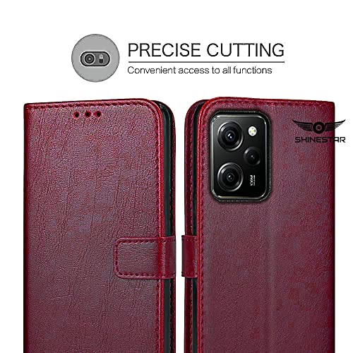 Image of SHINESTAR Poco X5 Pro 5G Flip Back Cover | PU Leather Flip Cover Wallet Case with TPU Silicone Case Back Cover for Poco X5 Pro 5G - Blood Red