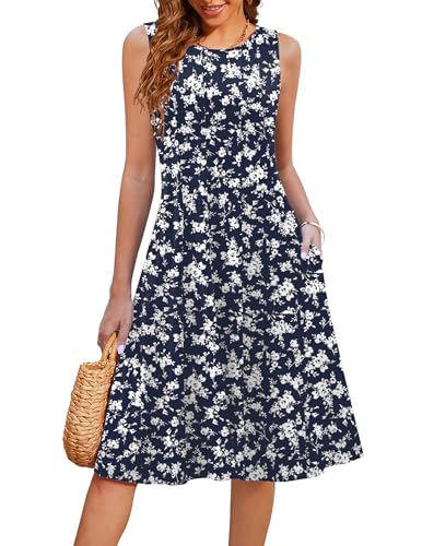 Image of HOTOUCH Summer Casual Dresses for Women Sleeveless Midi Dress Swing Tank Sundress Pleated Tshirt Dress with Pockets