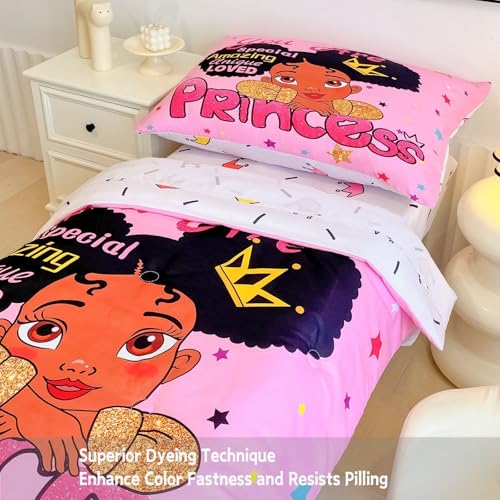 Image of 4 Piece Toddler Bedding Set for Girls,Toddler Black Girl Magic Comforter Set,Black Princess Toddler Bed Comforter Set Includes Comforter, Flat Sheet,Fitted Sheet,Pillowcase