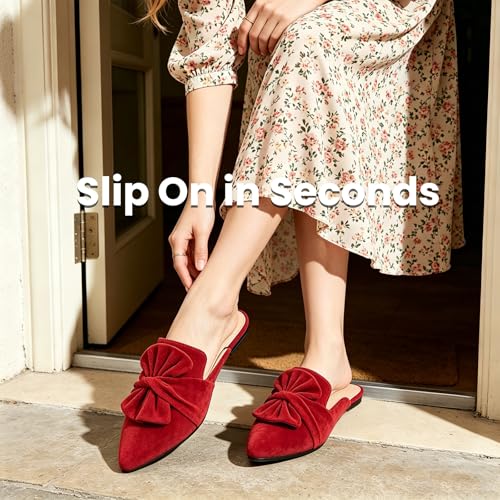 Image of MUSSHOE Pointed Toe Women's Bow Mules: Slip On Backless Loafers - Dressy Casual Flat Shoes for Office Work & Everyday Wear