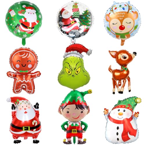 Globos de Navidad, 9 Piezas Globos de Aluminio de Navidad, Globos de Papá Noel, Reno, Muñeco de Nieve, Hombre de Pan de Jengibre, Decoración de Fiesta de Navideña