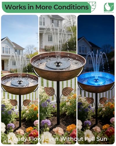 OUISJYER Metal Bird Bath with Solar Fountain & LED Lights - 13" Large Outdoor Birdbath Bowl + 6.3" Solar Pump with Battery | 1.4 Gallon Garden Bird Bath for Yard, Lawn, Patio — view 4