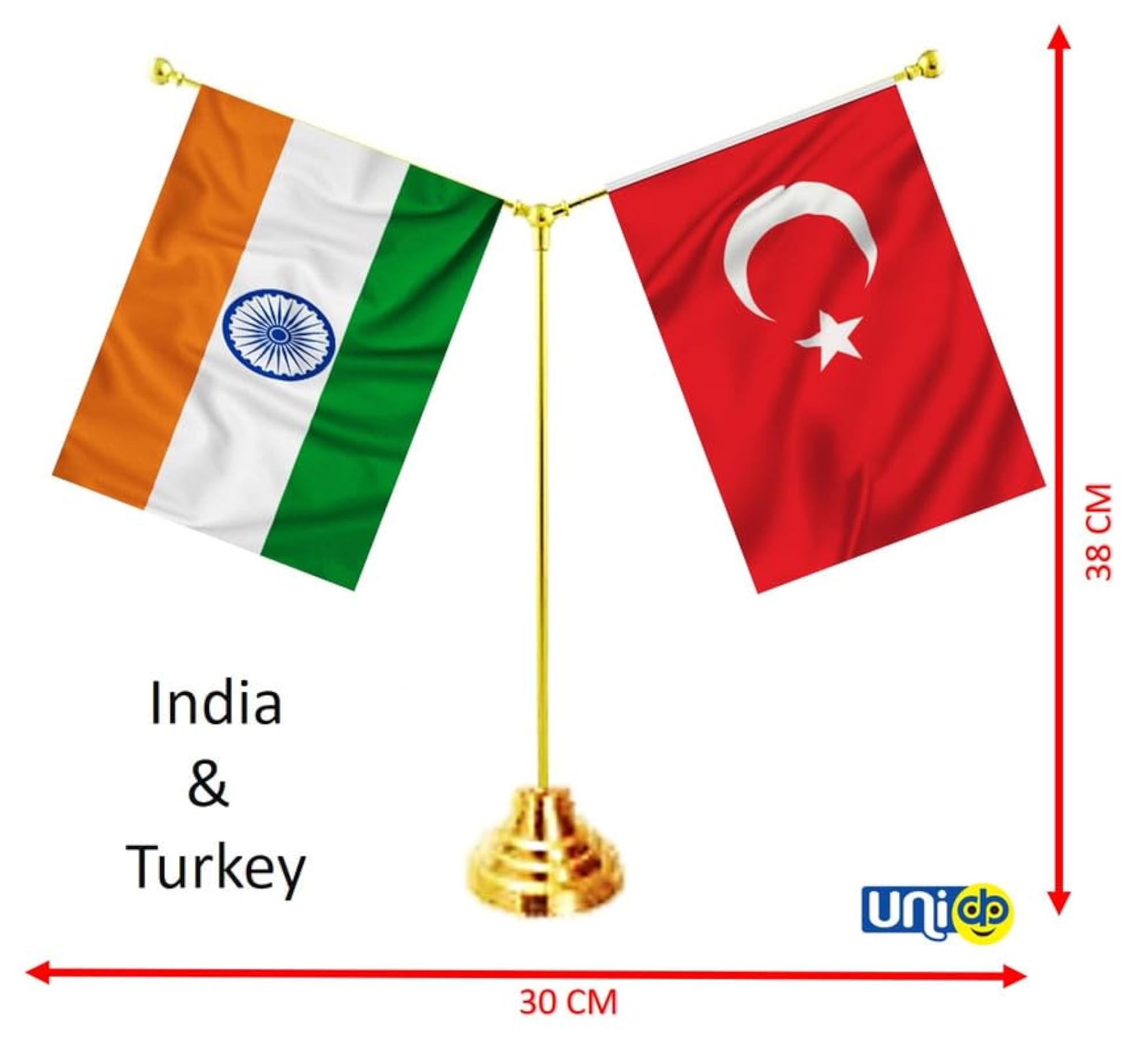 Turkey & India Miniature Flags, Classy Brass Base Stand