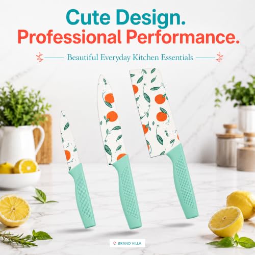Image of BRAND VILLA Kitchen Knife Set of 3, Ultra Sharp Stainless Steel Chef Knife, Utility Knife & Paring Knife, Non-Stick Coated Blades, Ergonomic Anti-Slip Handle for Fruits, Vegetables & Meat (Green)