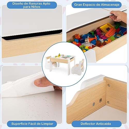 Miniatura 4 de Costway 4 En 1 Juego De Mesa Y Silla Infantil, Mesa Infantil De Madera Con 2 Sillas, Manualidades, Dibujo, Lectura, Mesa Escritorio Infantilcon Almacenaje, Pizarra Desmontable Para Guardería Blanco