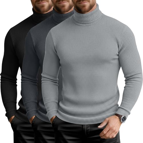August Alley 3 Pack Men's Waffle Turtleneck Long Sleeve Shirts Slim Fit Pullover Sweater Thermal Undershirt Soft Base Layer(Black, Dark Gray, Gray,Medium)