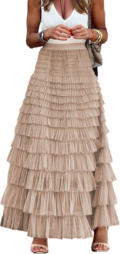Comfy Stylish Women's Tiered Tulle Maxi Skirt - Sheer Mesh Aline Flared Elastic Waist Long Skirt - Party Wear - Image 2