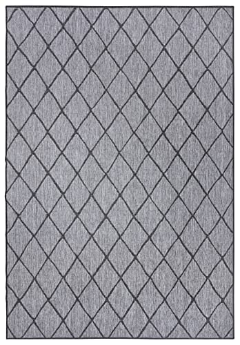 NORTHRUGS In- und Outdoor Teppich Malaga 80x150cm - Wendeteppich Wetterfest Modernes Geometrisches Muster für Balkon Terrasse Garten Wintergarten Küche Wohnzimmerteppich Wasserfest in Night Silver Cover