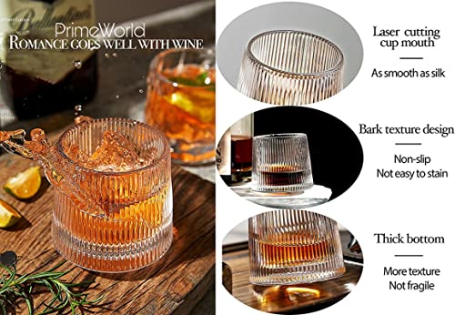 Image of PrimeWorld Stripe Dancing Whiskey Glass Set of 2 Pcs with Rotable Bottom- Spining Glasses-170 ml Bar Glass for Drinking Bourbon, Whisky, Scotch, Cocktails, Cognac- Old Fashioned Tumblers