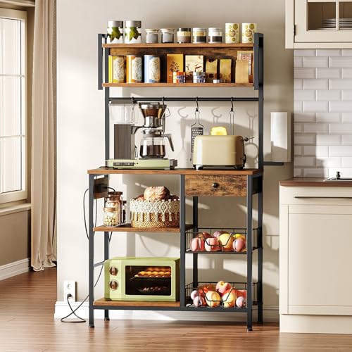 HOOBRO Bakers Rack with 4 AC Power Outlets, 5-Tier Coffee Bar with Wire Basket, Microwave Stand with Paper Holder and Drawer, Kitchen Storage Shelf, Rustic Brown and Black BF84UHB01
