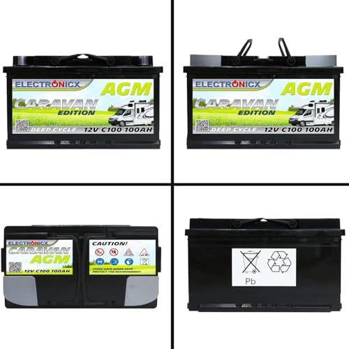 Electronicx AGM Caravan Versorgungsbatterie 12V 100Ah / 100 Ah Deep Cycle Batterie wartungsfrei versiegelt Pluspol rechts – Wohnmobil Wohnwagen Solar Batterie 278×175×190mm zyklenfest Freizeitakku