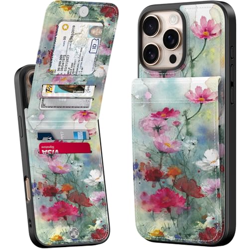 Bemal for iPhone 16 Pro Wallet Case, Built-in Card Holder, Fashion Printed, RFID Blocking, PU Leather Kickstand, Magnetic Closure, Shockproof Phone Cover for Women and Men, Designer Flowers