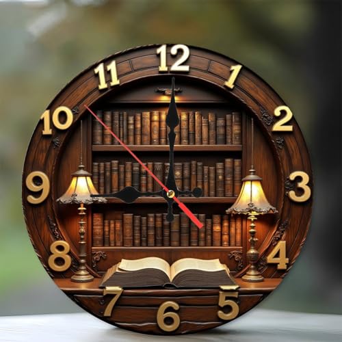 SEMARY Antique Bookcase Library Clock Wall Clock Vintage Style Home Decor 10-Inch Wooden Wall Clock, Silent Movement, Perfect for Living Room Bedroom Bathroom Home Decor
