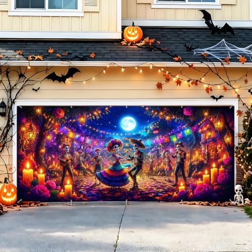 Image of Halloween Garage Door Decorations 7 x 16 ft, Skeleton Dance Cover