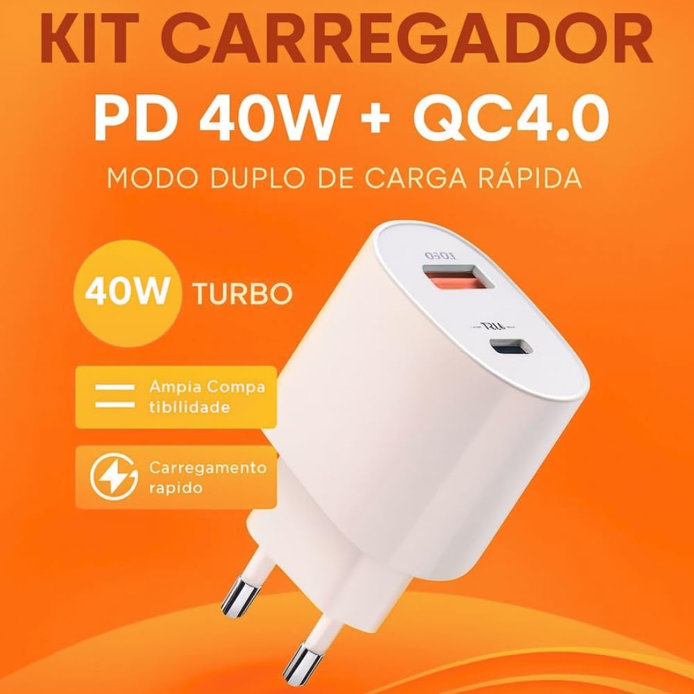 Carregador Turbo 40W Porta Dupla (USB-A + USB-C) + Cabo Ultra Rápido de 1M A'GOLD® Premium, Compatível com iPhone 15, 15 pro, 15 Pro Max, iPhone 16, 16 pro, 16 pro Max, Samsung Galaxy, IOS/Android