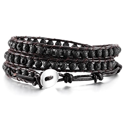 MOWOM Layered Bracelets for Women Men Boys Girls Genuine Leather Bracelet Rope Bangle Cuff Gemstone Beads Braided Bracelet 3 Wraps Adjustable Handmade Oriental Agate Meditation Jewelry Gift