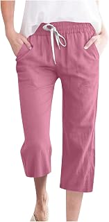 Capri Pants for Women Casual Summer 2024 Drawstring Capris Linen Pants Pockets Beach Straight Wide Leg Cropped Trousers