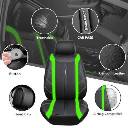 Image of CAR PASS Luxury Faux Leather Seat Covers Full Set, Breathable Sporty Premium Leather Auto Seat Covers Waterproof Anti Slip Universal Fit for 95% Trucks SUV Sedans Van, Black and Fluorescent Green